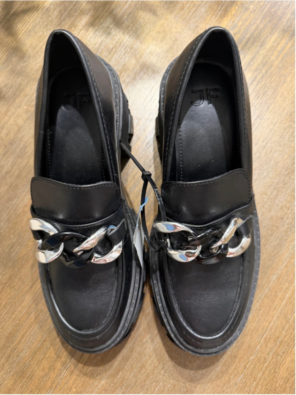 J.F. J.Ferrar Black Loafers with Silver Chain Detail, Size 6